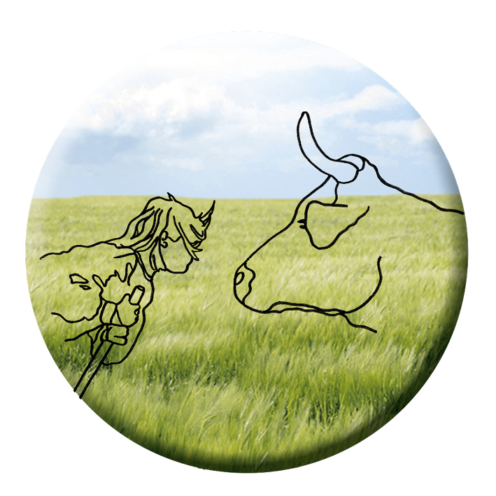 Das Logo zeigt ein Kind und eine Kuh, die sich gegenseitig ansehen